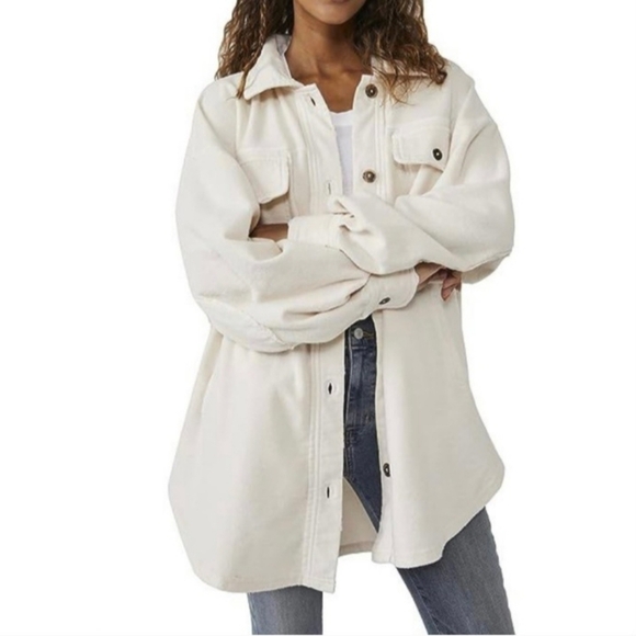 Free People Jackets & Blazers - Free People Ruby Jacket White Button-Up Shacket Oversized Distressed Large